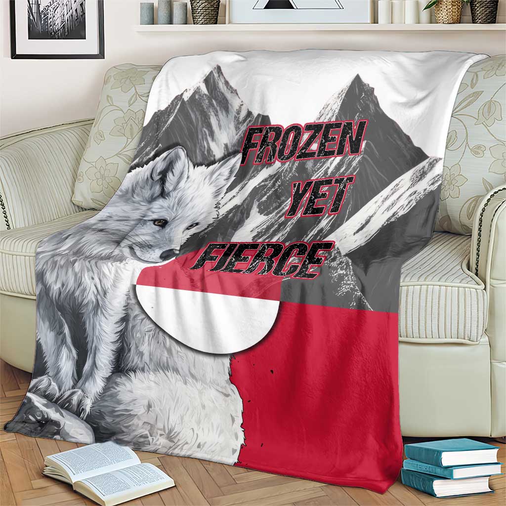 Greenland Blanket with Arctic Fox, Mountains, and Frozen Yet Fierce Text Design