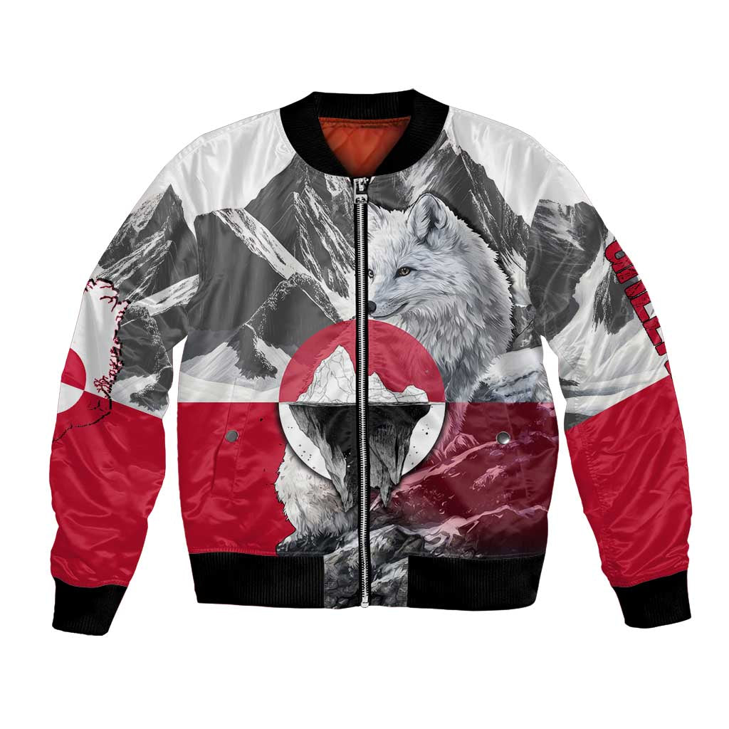 Greenland Bomber Jacket with Arctic Fox, Mountains, and Frozen Yet Fierce Text Design
