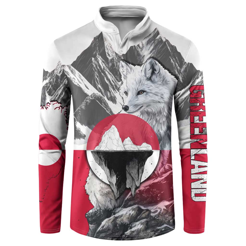 Greenland Button Sweatshirt with Arctic Fox, Mountains, and Frozen Yet Fierce Text Design