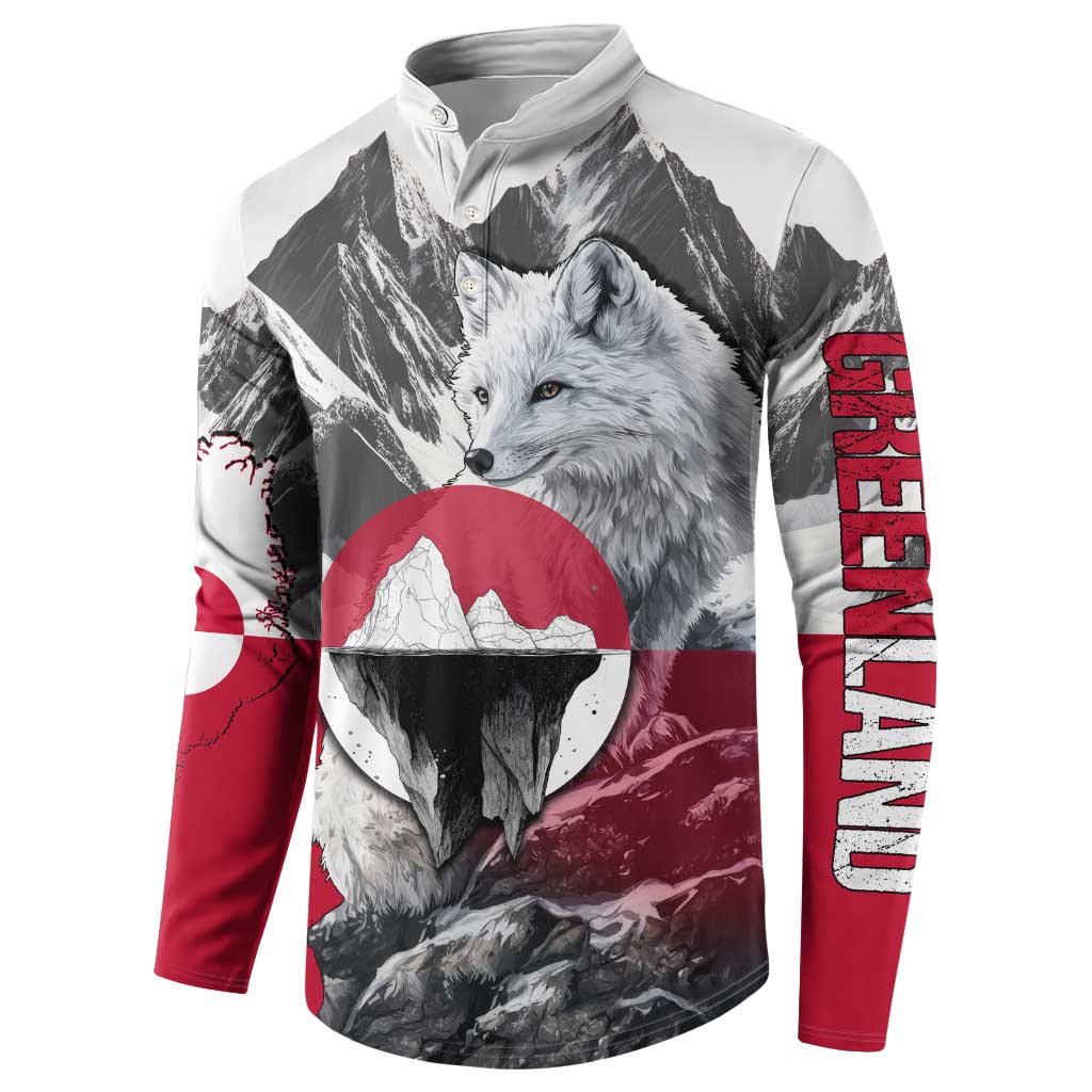Greenland Button Sweatshirt with Arctic Fox, Mountains, and Frozen Yet Fierce Text Design