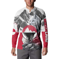 Greenland Button Sweatshirt with Arctic Fox, Mountains, and Frozen Yet Fierce Text Design