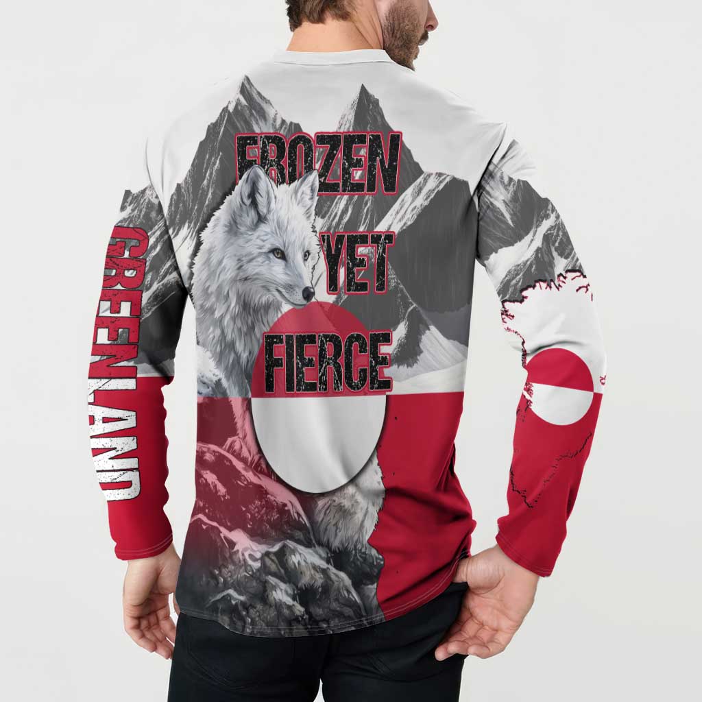 Greenland Button Sweatshirt with Arctic Fox, Mountains, and Frozen Yet Fierce Text Design