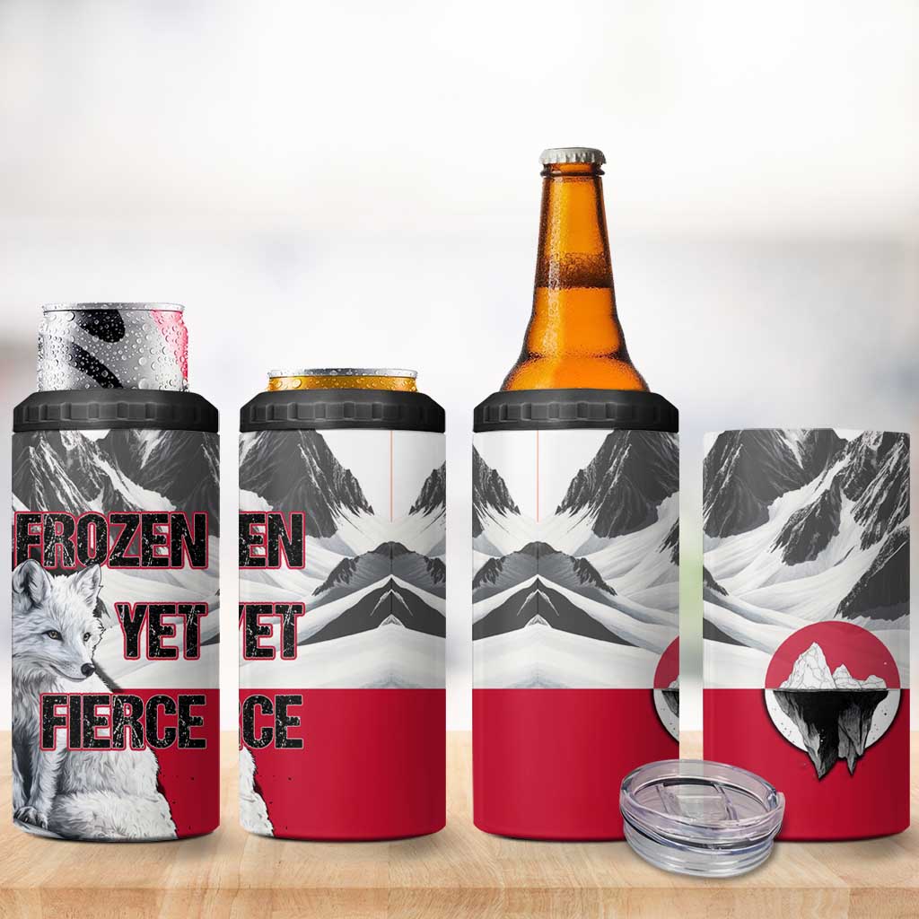 Greenland 4 in 1 Can Cooler Tumbler with Arctic Fox, Mountains, and Frozen Yet Fierce Text Design
