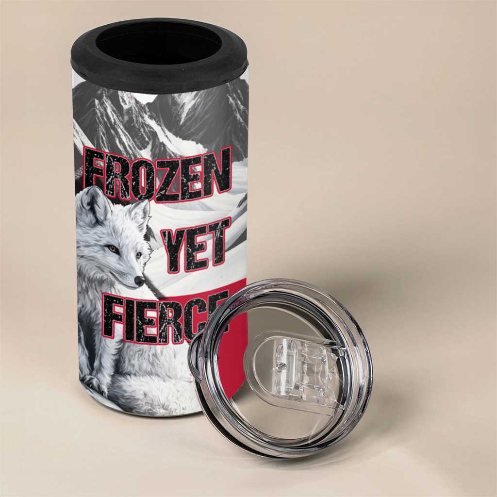 Greenland 4 in 1 Can Cooler Tumbler with Arctic Fox, Mountains, and Frozen Yet Fierce Text Design