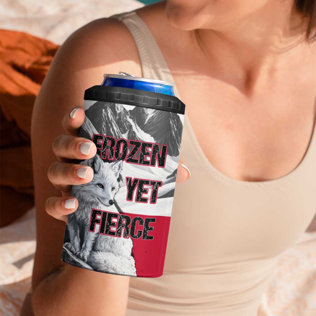 Greenland 4 in 1 Can Cooler Tumbler with Arctic Fox, Mountains, and Frozen Yet Fierce Text Design