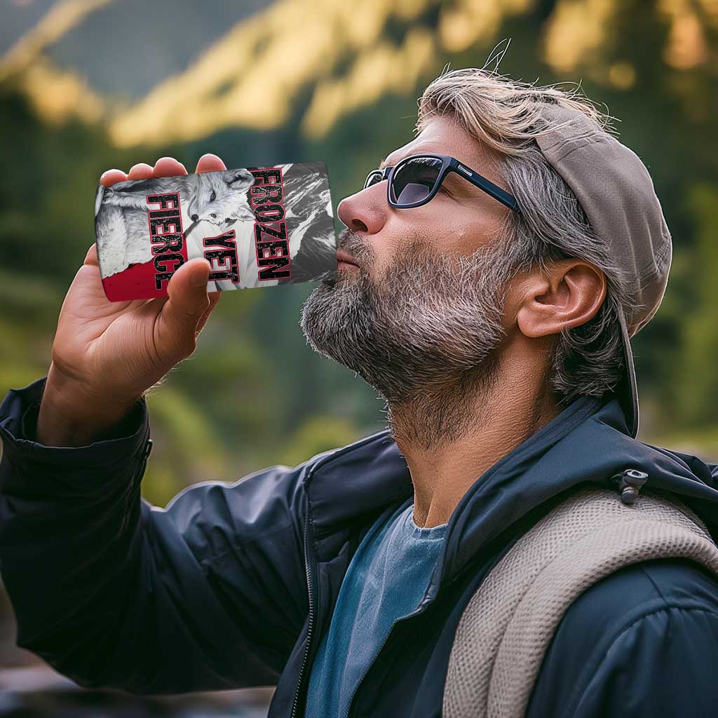 Greenland 4 in 1 Can Cooler Tumbler with Arctic Fox, Mountains, and Frozen Yet Fierce Text Design