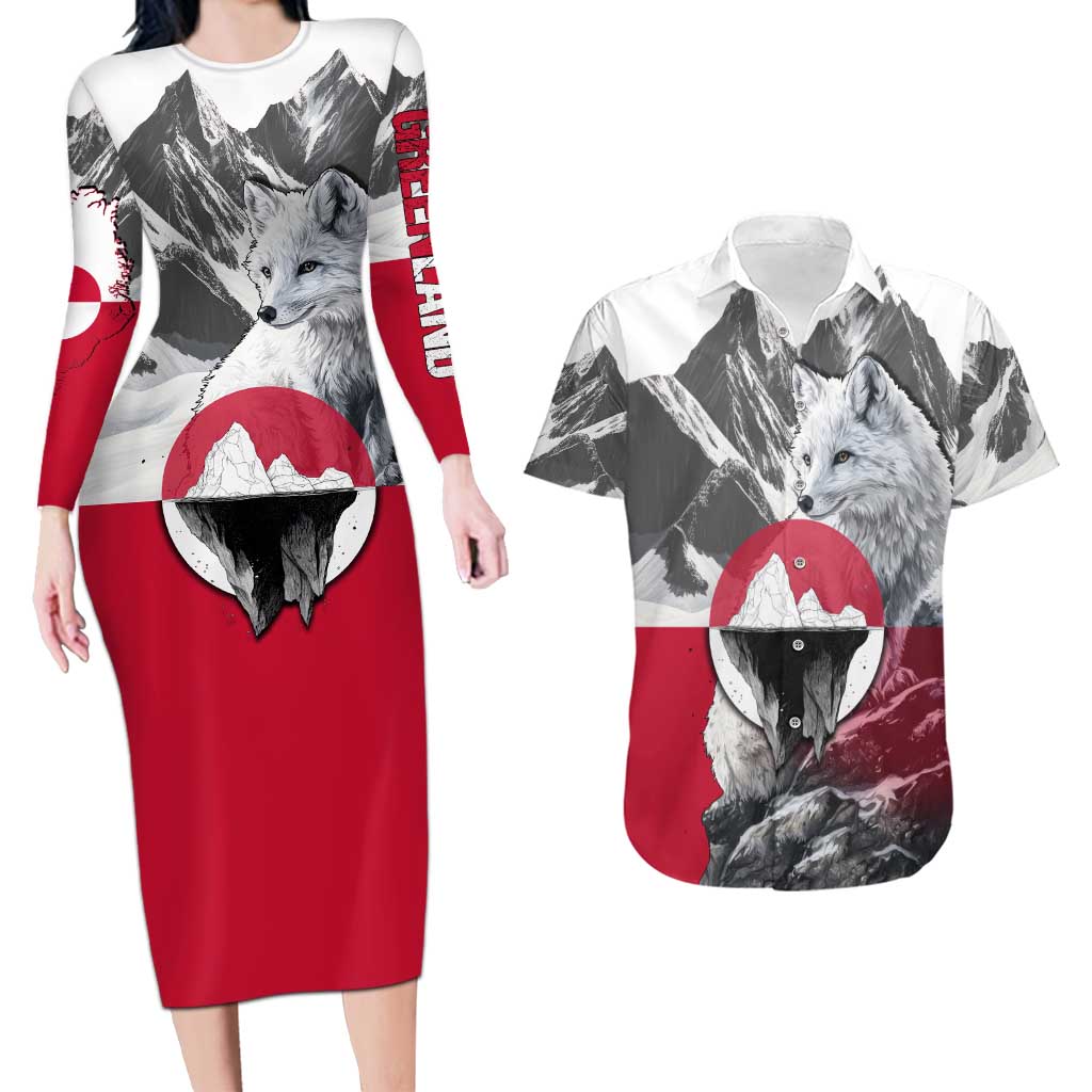 Greenland Couples Matching Long Sleeve Bodycon Dress and Hawaiian Shirt with Arctic Fox, Mountains, and Frozen Yet Fierce Text Design