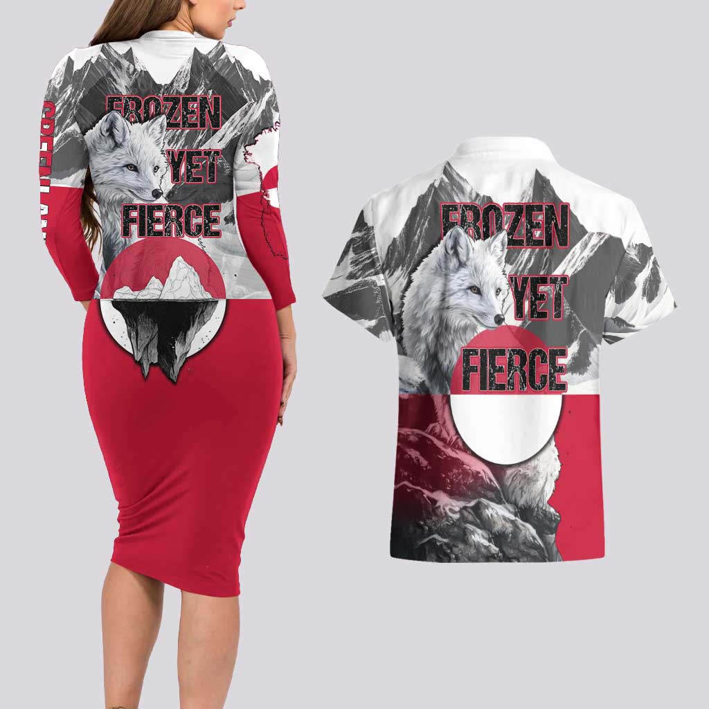 Greenland Couples Matching Long Sleeve Bodycon Dress and Hawaiian Shirt with Arctic Fox, Mountains, and Frozen Yet Fierce Text Design