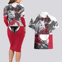 Greenland Couples Matching Long Sleeve Bodycon Dress and Hawaiian Shirt with Arctic Fox, Mountains, and Frozen Yet Fierce Text Design