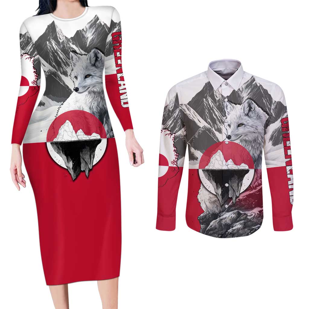 Greenland Couples Matching Long Sleeve Bodycon Dress and Long Sleeve Button Shirt with Arctic Fox, Mountains, and Frozen Yet Fierce Text Design