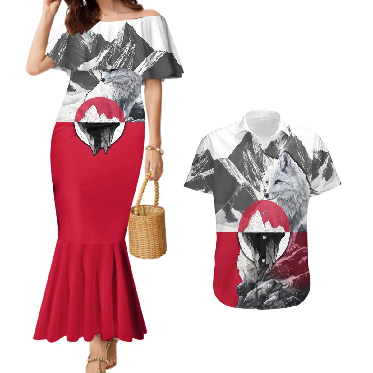 Greenland Couples Matching Mermaid Dress and Hawaiian Shirt with Arctic Fox, Mountains, and Frozen Yet Fierce Text Design