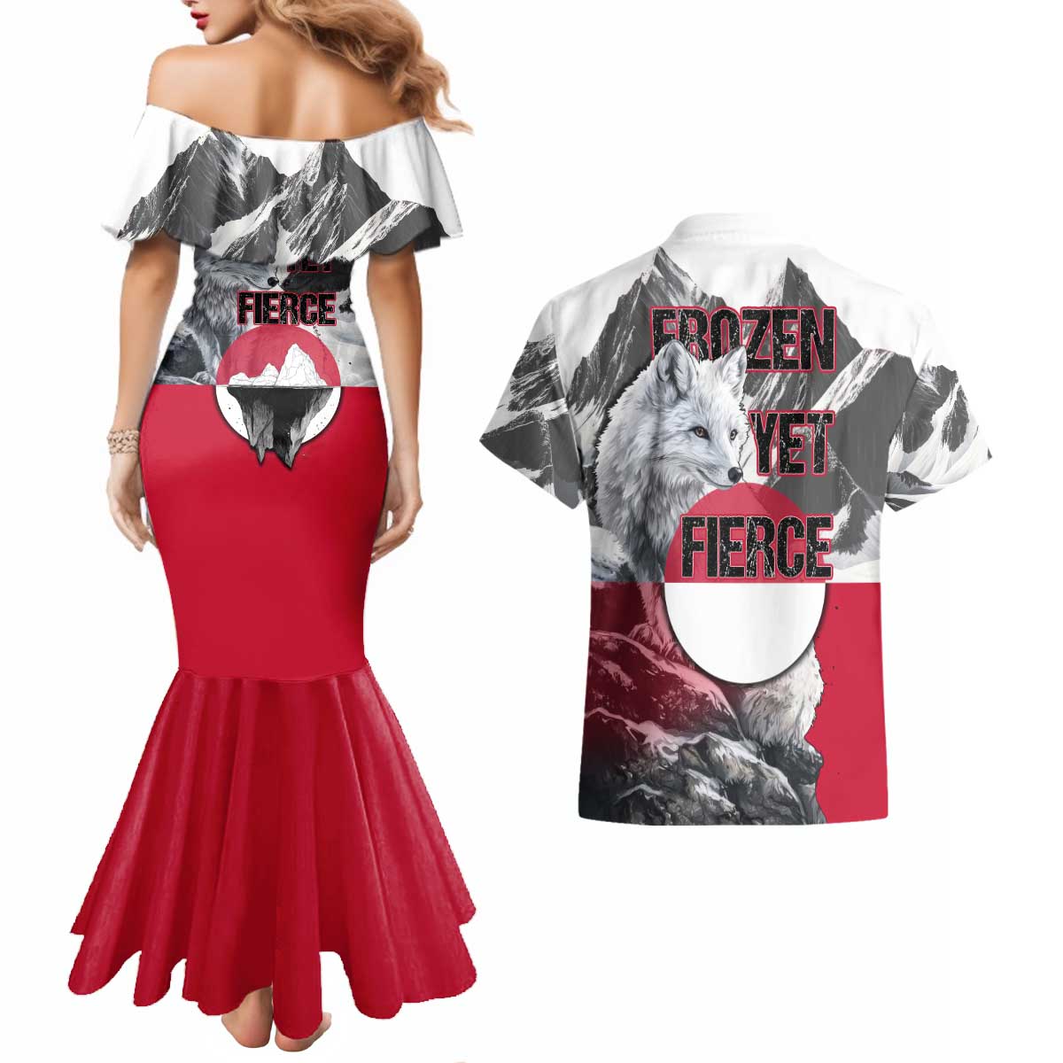 Greenland Couples Matching Mermaid Dress and Hawaiian Shirt with Arctic Fox, Mountains, and Frozen Yet Fierce Text Design