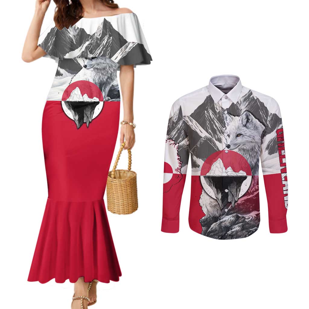 Greenland Couples Matching Mermaid Dress and Long Sleeve Button Shirt with Arctic Fox, Mountains, and Frozen Yet Fierce Text Design
