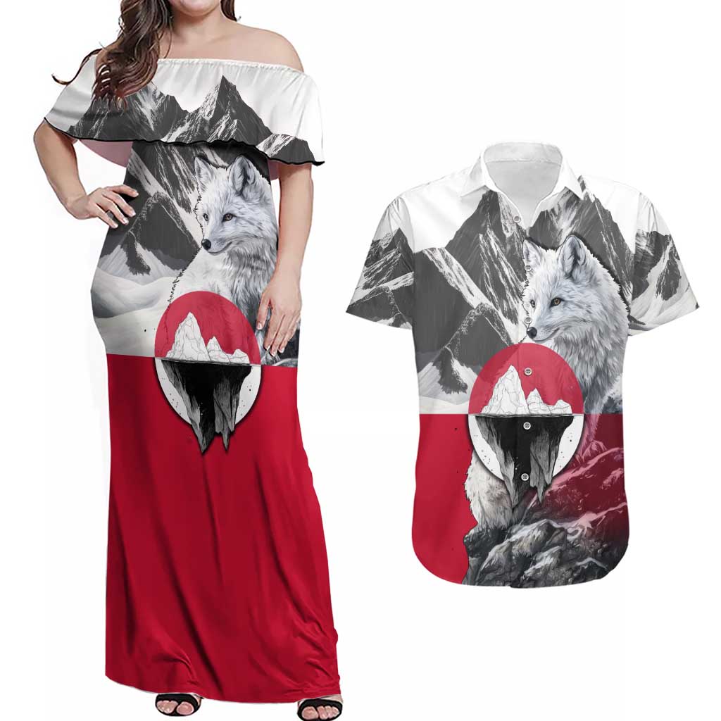 Greenland Couples Matching Off Shoulder Maxi Dress and Hawaiian Shirt with Arctic Fox, Mountains, and Frozen Yet Fierce Text Design