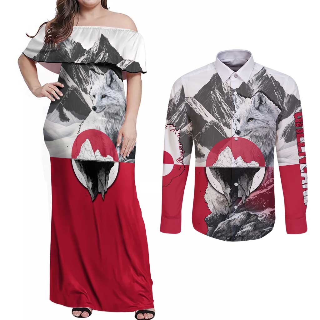 Greenland Couples Matching Off Shoulder Maxi Dress and Long Sleeve Button Shirt with Arctic Fox, Mountains, and Frozen Yet Fierce Text Design