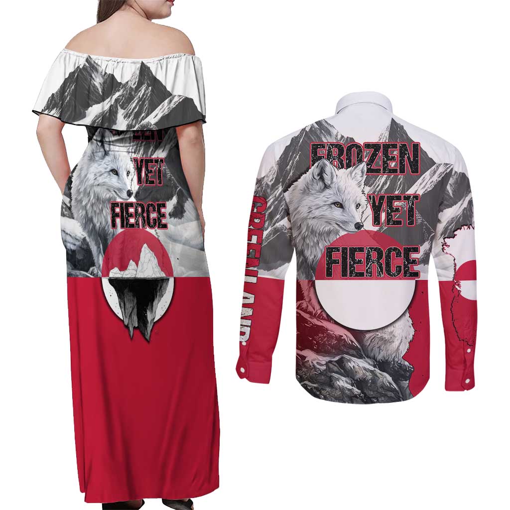 Greenland Couples Matching Off Shoulder Maxi Dress and Long Sleeve Button Shirt with Arctic Fox, Mountains, and Frozen Yet Fierce Text Design