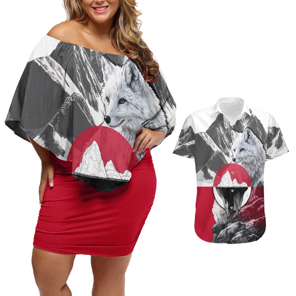 Greenland Couples Matching Off Shoulder Short Dress and Hawaiian Shirt with Arctic Fox, Mountains, and Frozen Yet Fierce Text Design