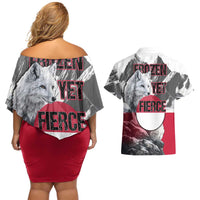 Greenland Couples Matching Off Shoulder Short Dress and Hawaiian Shirt with Arctic Fox, Mountains, and Frozen Yet Fierce Text Design
