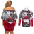 Greenland Couples Matching Off Shoulder Short Dress and Long Sleeve Button Shirt with Arctic Fox, Mountains, and Frozen Yet Fierce Text Design