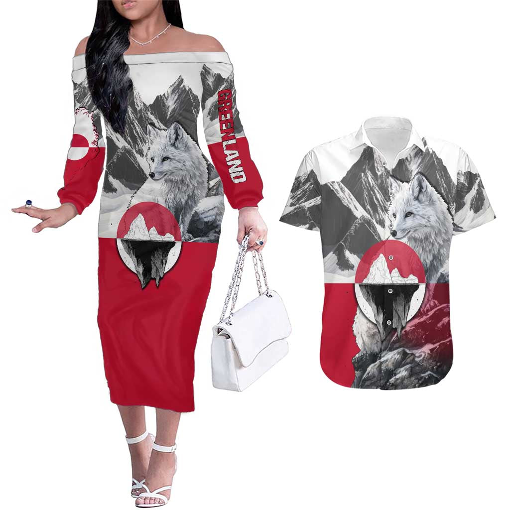 Greenland Couples Matching Off The Shoulder Long Sleeve Dress and Hawaiian Shirt with Arctic Fox, Mountains, and Frozen Yet Fierce Text Design