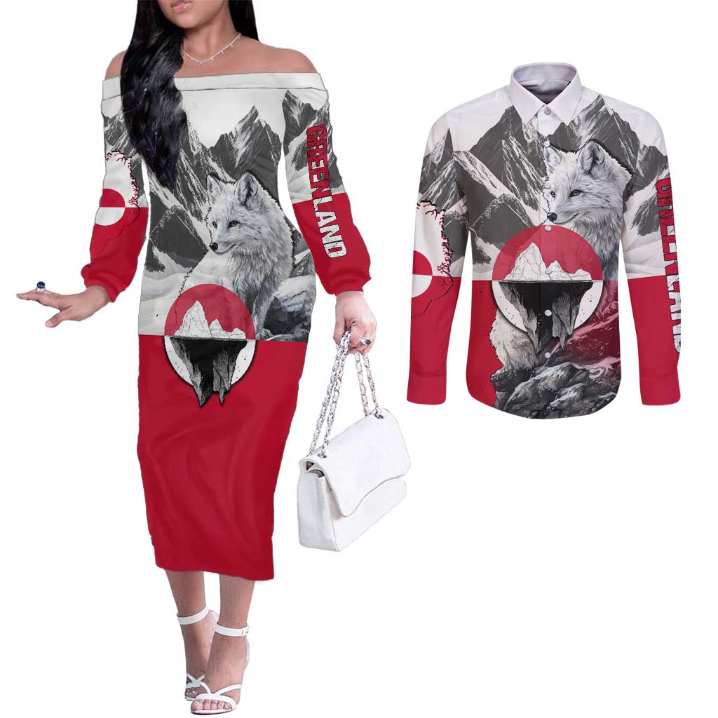 Greenland Couples Matching Off The Shoulder Long Sleeve Dress and Long Sleeve Button Shirt with Arctic Fox, Mountains, and Frozen Yet Fierce Text Design