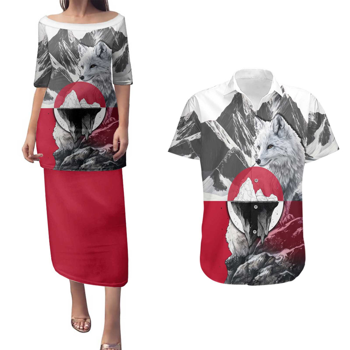 Greenland Couples Matching Puletasi and Hawaiian Shirt with Arctic Fox, Mountains, and Frozen Yet Fierce Text Design