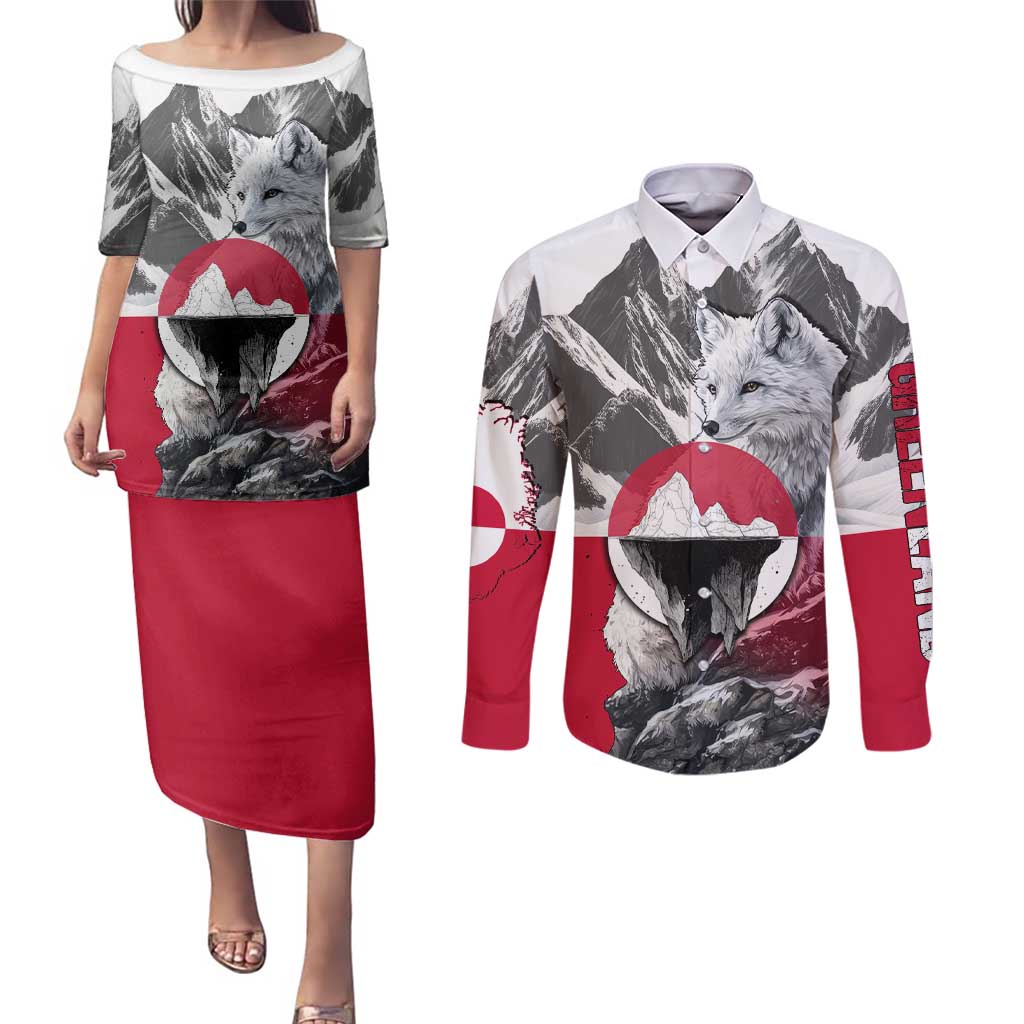 Greenland Couples Matching Puletasi and Long Sleeve Button Shirt with Arctic Fox, Mountains, and Frozen Yet Fierce Text Design