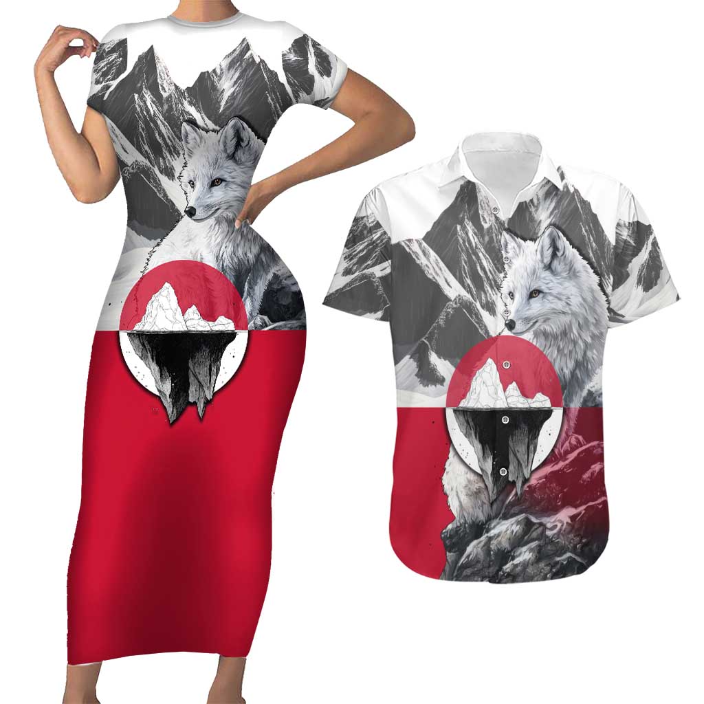 Greenland Couples Matching Short Sleeve Bodycon Dress and Hawaiian Shirt with Arctic Fox, Mountains, and Frozen Yet Fierce Text Design