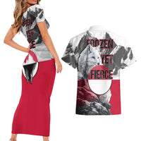 Greenland Couples Matching Short Sleeve Bodycon Dress and Hawaiian Shirt with Arctic Fox, Mountains, and Frozen Yet Fierce Text Design