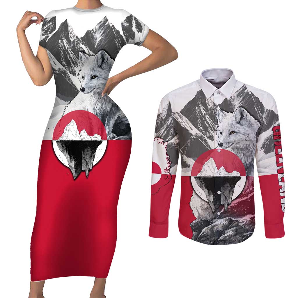 Greenland Couples Matching Short Sleeve Bodycon Dress and Long Sleeve Button Shirt with Arctic Fox, Mountains, and Frozen Yet Fierce Text Design