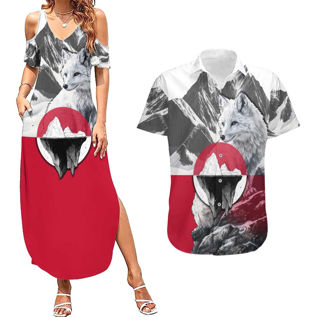 Greenland Couples Matching Summer Maxi Dress and Hawaiian Shirt with Arctic Fox, Mountains, and Frozen Yet Fierce Text Design