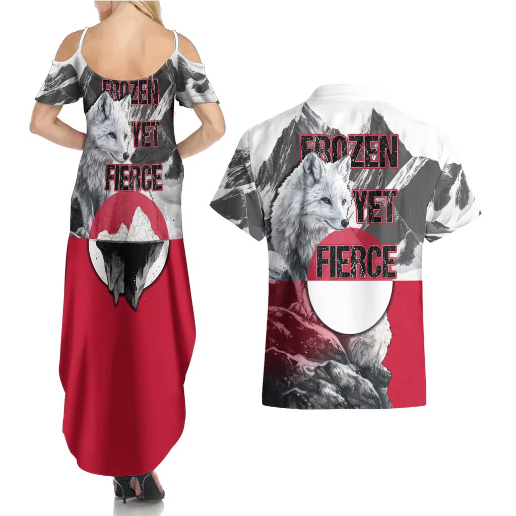 Greenland Couples Matching Summer Maxi Dress and Hawaiian Shirt with Arctic Fox, Mountains, and Frozen Yet Fierce Text Design