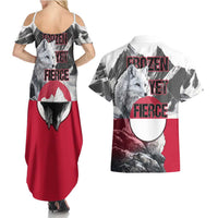 Greenland Couples Matching Summer Maxi Dress and Hawaiian Shirt with Arctic Fox, Mountains, and Frozen Yet Fierce Text Design