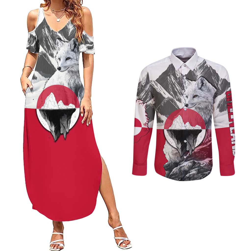 Greenland Couples Matching Summer Maxi Dress and Long Sleeve Button Shirt with Arctic Fox, Mountains, and Frozen Yet Fierce Text Design