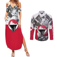 Greenland Couples Matching Summer Maxi Dress and Long Sleeve Button Shirt with Arctic Fox, Mountains, and Frozen Yet Fierce Text Design