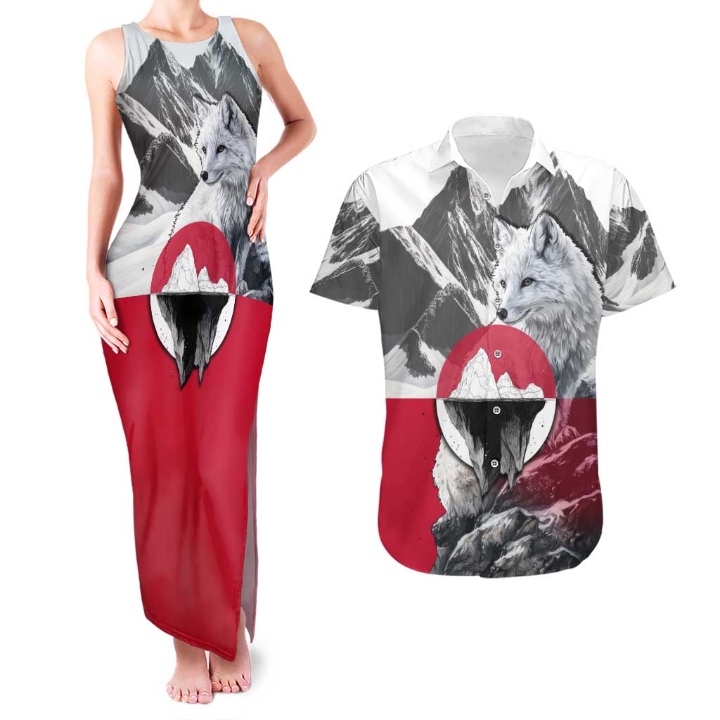 Greenland Couples Matching Tank Maxi Dress and Hawaiian Shirt with Arctic Fox, Mountains, and Frozen Yet Fierce Text Design