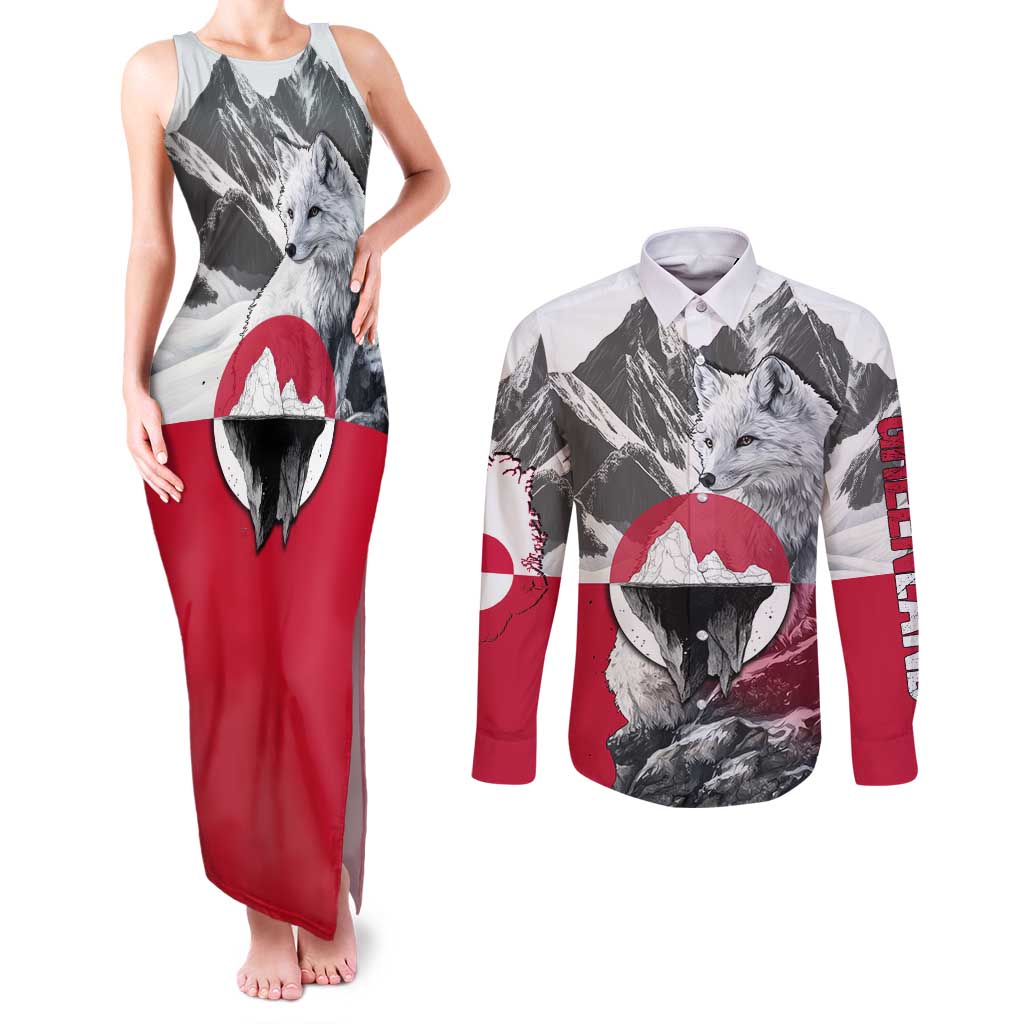 Greenland Couples Matching Tank Maxi Dress and Long Sleeve Button Shirt with Arctic Fox, Mountains, and Frozen Yet Fierce Text Design