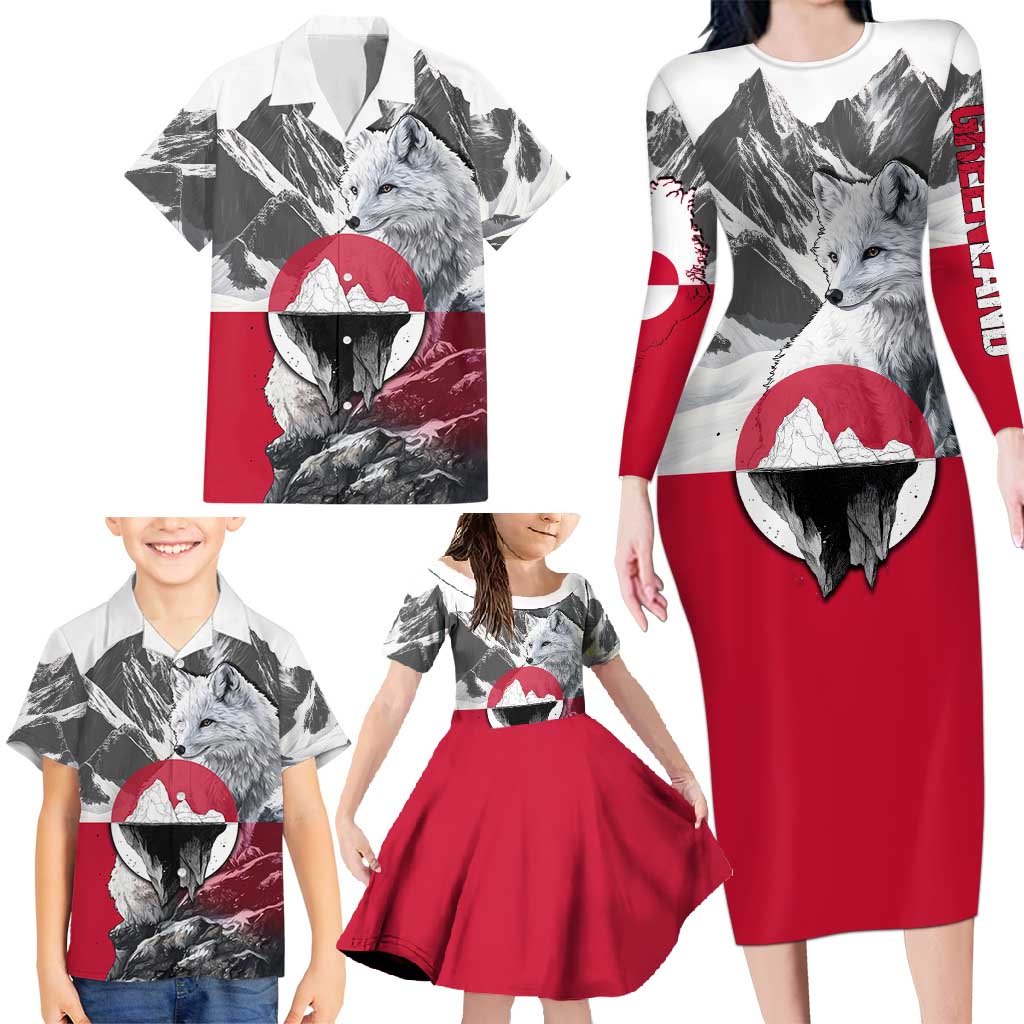 Greenland Family Matching Long Sleeve Bodycon Dress and Hawaiian Shirt with Arctic Fox, Mountains, and Frozen Yet Fierce Text Design