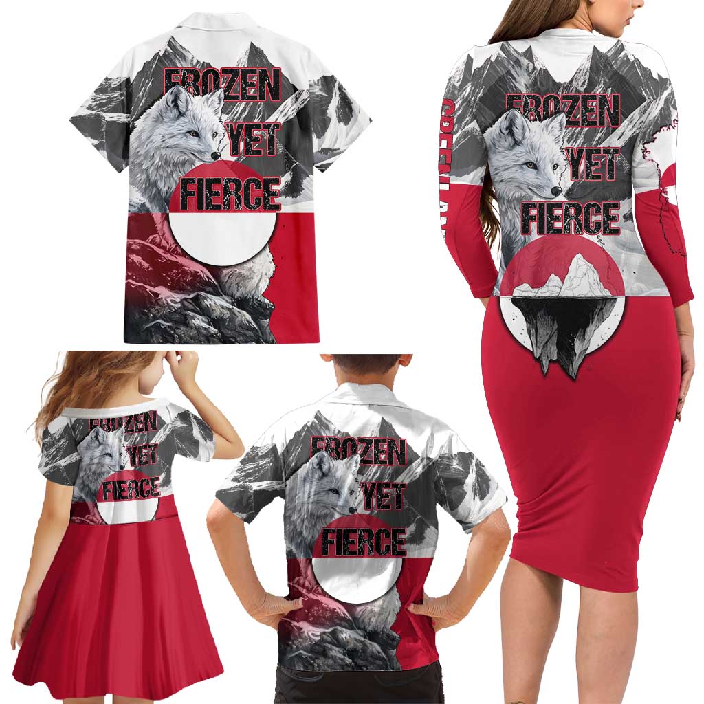 Greenland Family Matching Long Sleeve Bodycon Dress and Hawaiian Shirt with Arctic Fox, Mountains, and Frozen Yet Fierce Text Design