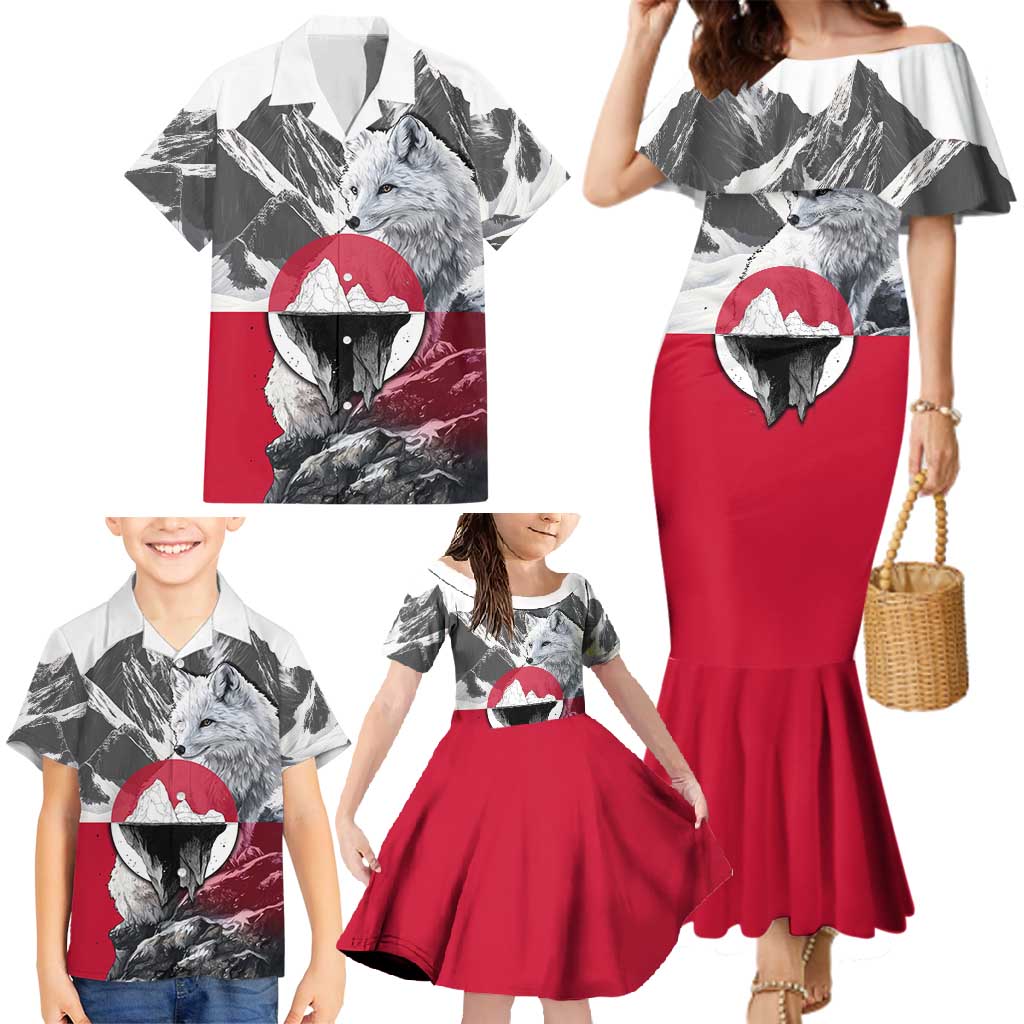 Greenland Family Matching Mermaid Dress and Hawaiian Shirt with Arctic Fox, Mountains, and Frozen Yet Fierce Text Design