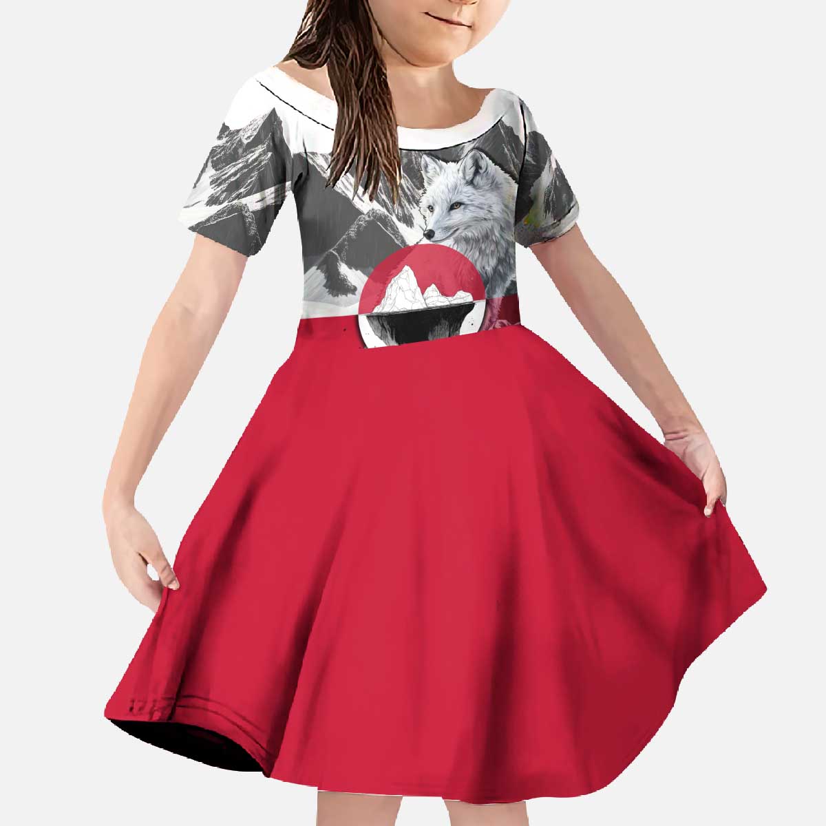 Greenland Family Matching Off The Shoulder Long Sleeve Dress and Hawaiian Shirt with Arctic Fox, Mountains, and Frozen Yet Fierce Text Design