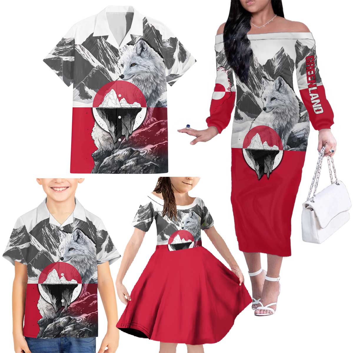 Greenland Family Matching Off The Shoulder Long Sleeve Dress and Hawaiian Shirt with Arctic Fox, Mountains, and Frozen Yet Fierce Text Design