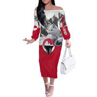 Greenland Family Matching Off The Shoulder Long Sleeve Dress and Hawaiian Shirt with Arctic Fox, Mountains, and Frozen Yet Fierce Text Design