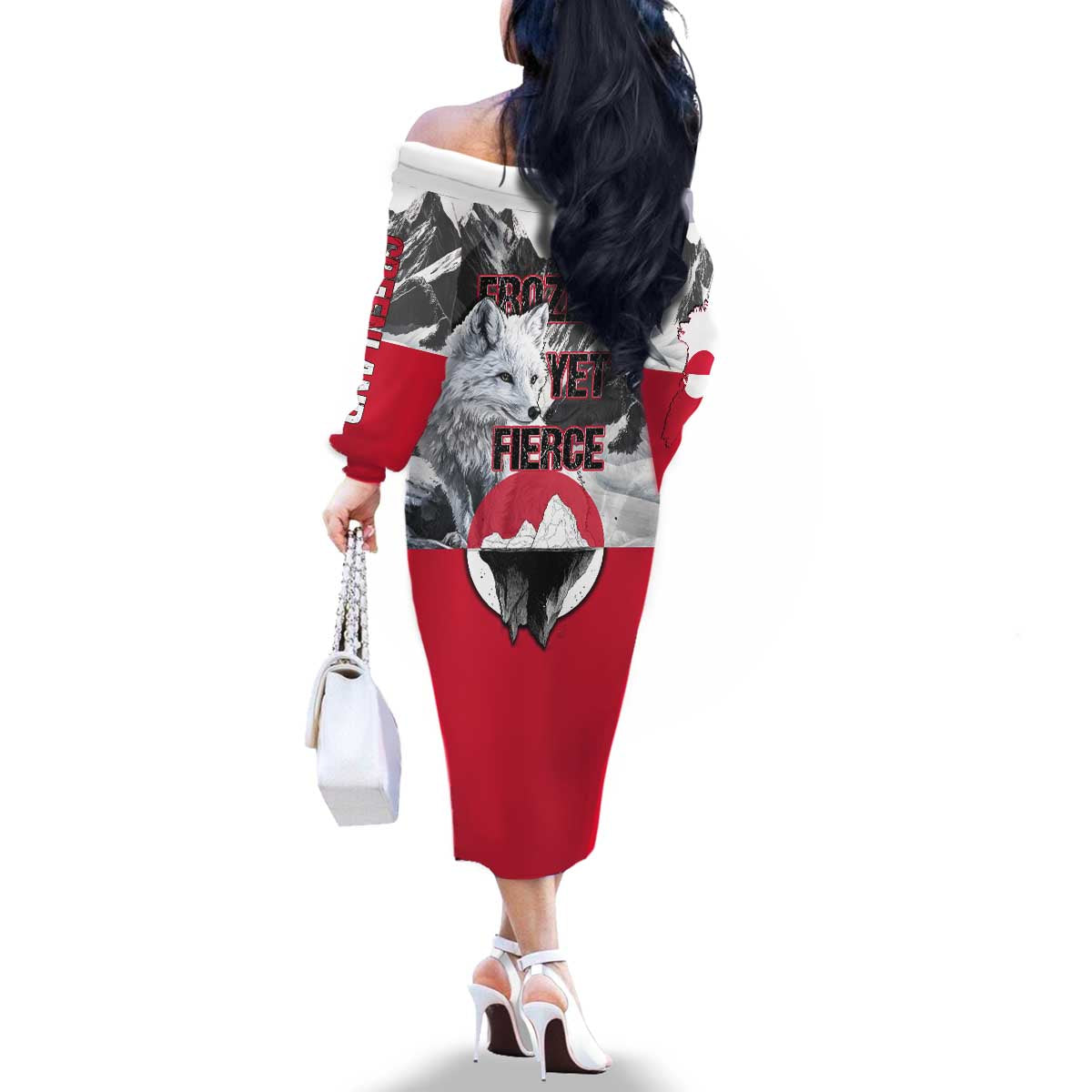 Greenland Family Matching Off The Shoulder Long Sleeve Dress and Hawaiian Shirt with Arctic Fox, Mountains, and Frozen Yet Fierce Text Design