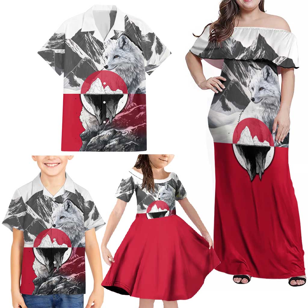Greenland Family Matching Off Shoulder Maxi Dress and Hawaiian Shirt with Arctic Fox, Mountains, and Frozen Yet Fierce Text Design
