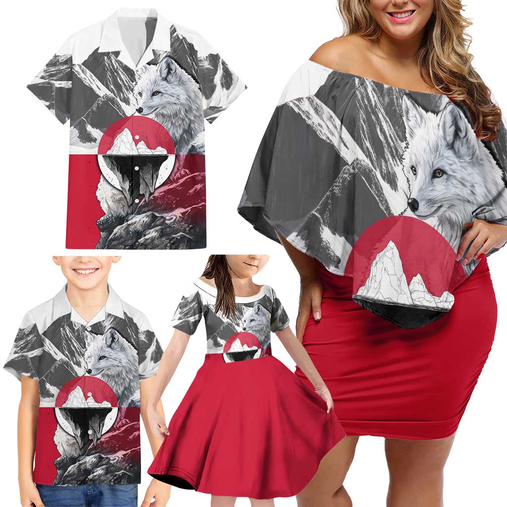 Greenland Family Matching Off Shoulder Short Dress and Hawaiian Shirt with Arctic Fox, Mountains, and Frozen Yet Fierce Text Design