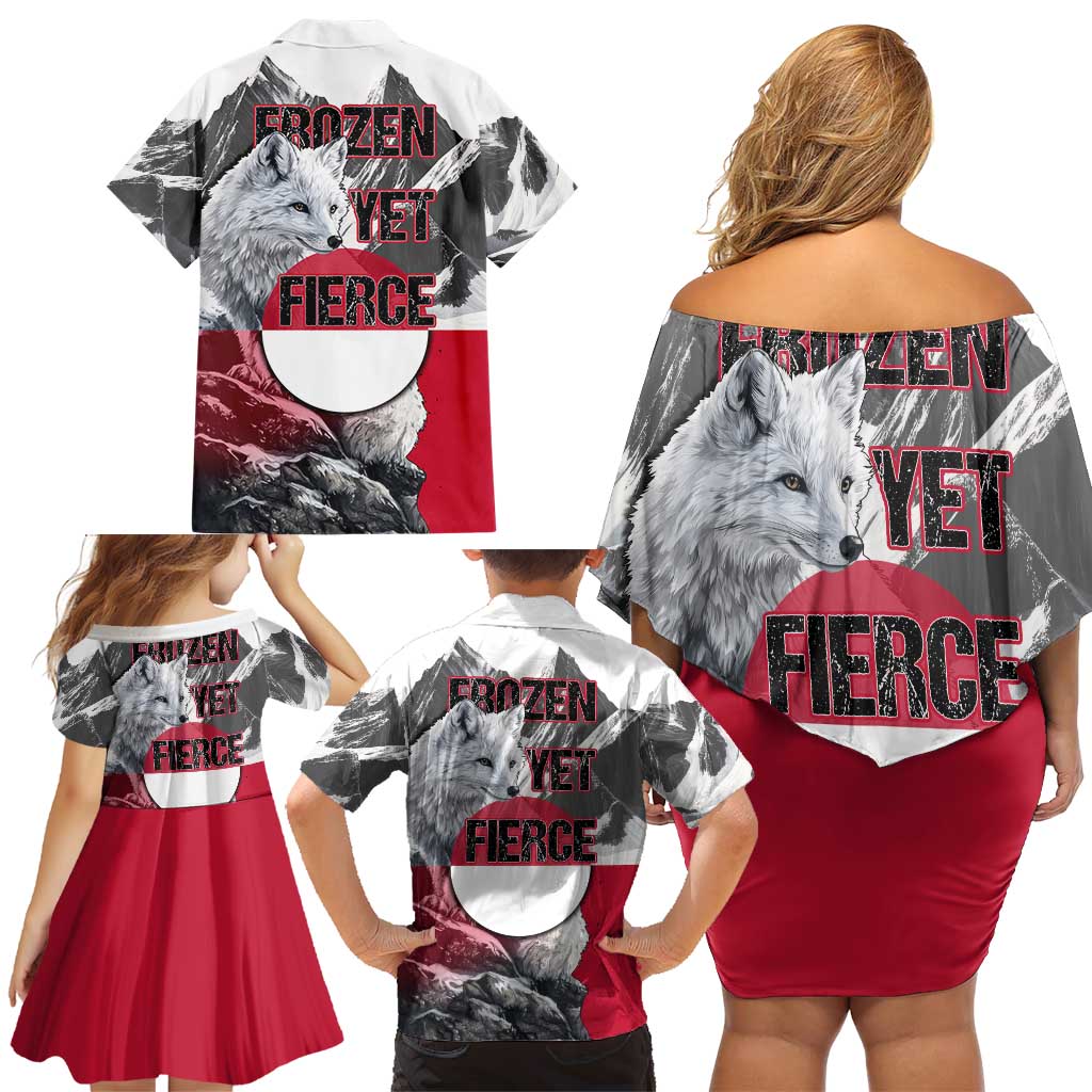 Greenland Family Matching Off Shoulder Short Dress and Hawaiian Shirt with Arctic Fox, Mountains, and Frozen Yet Fierce Text Design