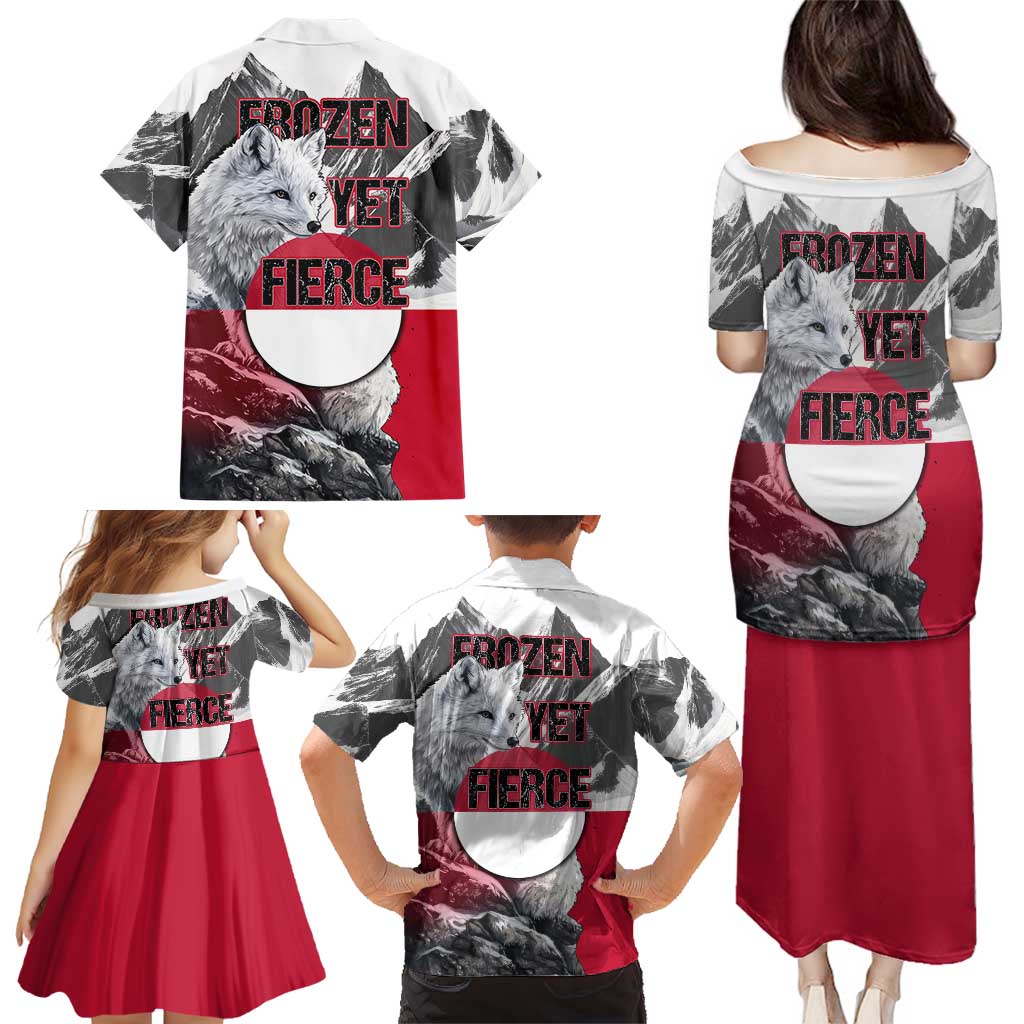 Greenland Family Matching Puletasi and Hawaiian Shirt with Arctic Fox, Mountains, and Frozen Yet Fierce Text Design