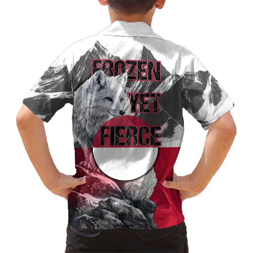 Greenland Family Matching Short Sleeve Bodycon Dress and Hawaiian Shirt with Arctic Fox, Mountains, and Frozen Yet Fierce Text Design