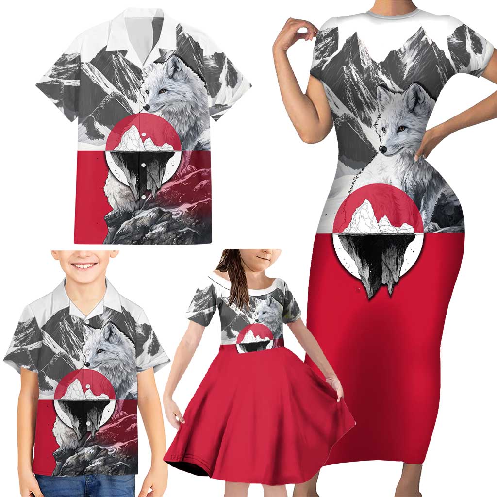 Greenland Family Matching Short Sleeve Bodycon Dress and Hawaiian Shirt with Arctic Fox, Mountains, and Frozen Yet Fierce Text Design
